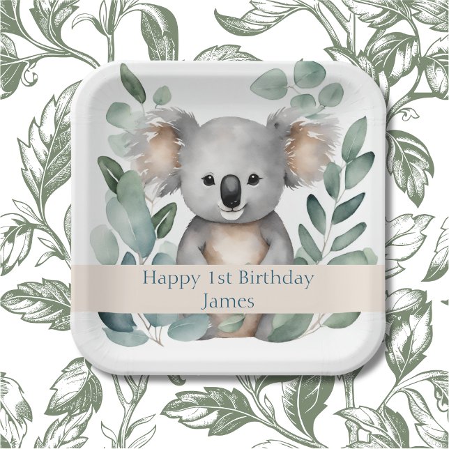Personalised Watercolor Koala Bear Birthday  Paper Plate (Cute 1st Birthday Party)
