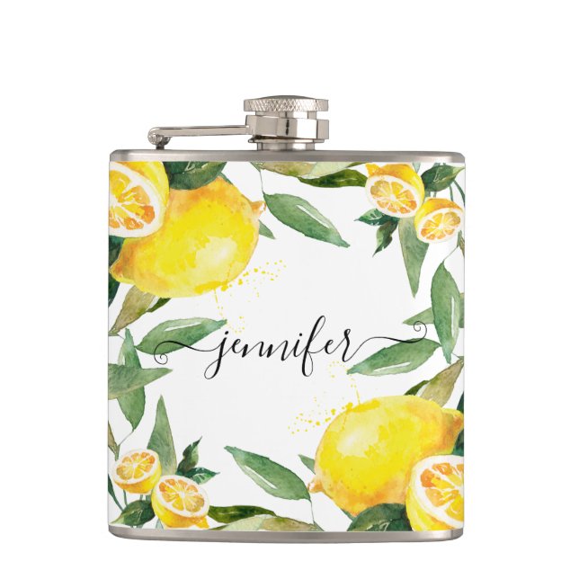 Personalised Watercolor Lemon Wedding Flask (Front)