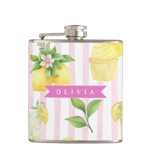 Personalised Watercolor Lemonade Cupcake Stripe Hip Flask
