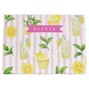 Personalised Watercolor Lemonade Cupcake Stripe Large Gift Bag
