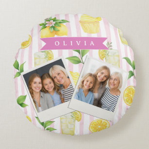Personalised Watercolor Lemonade Cupcake Stripe Round Cushion