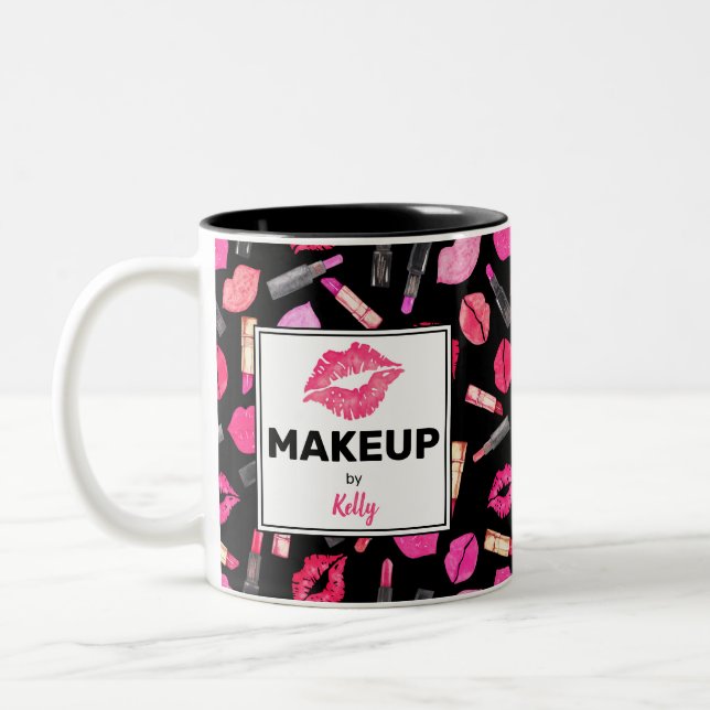Personalised Watercolor Lipstick Pattern Makeup Tw Two-Tone Coffee Mug (Left)