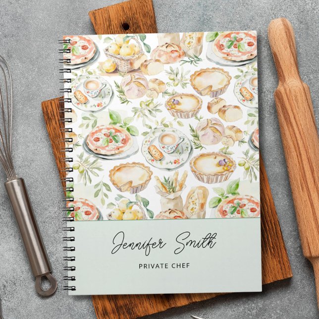Personalised Watercolor Mediterranean Food Pattern Notebook (In situ)