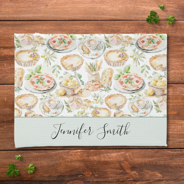 Personalised Watercolor Mediterranean Food Pattern Tea Towel (In situ)