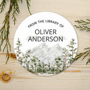 Personalised Watercolor Mountain Forest Bookplate Classic Round Sticker