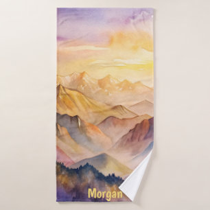 Personalised Watercolor Mountain Sunset Bath Towel Set