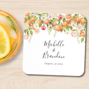 Personalised Watercolor Orange Elegant Wedding Coaster