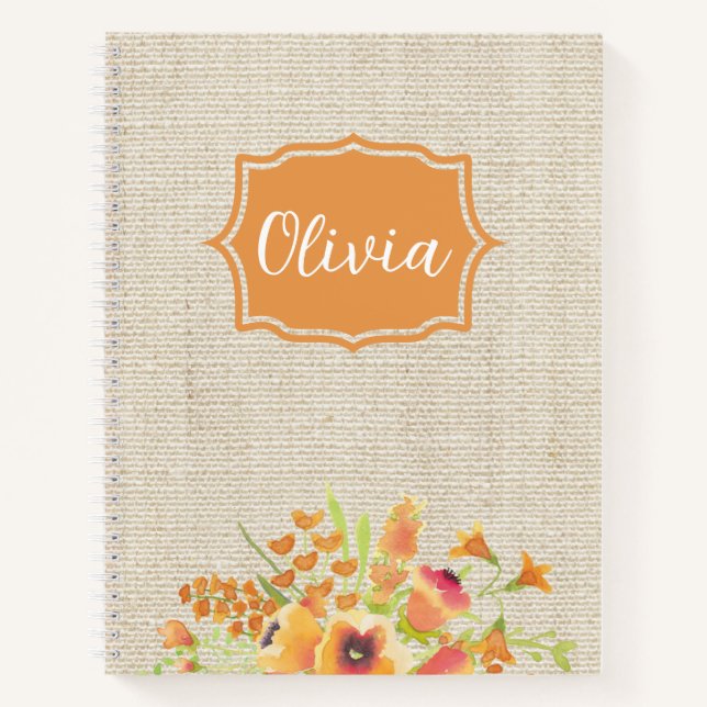 Personalised Watercolor Orange Flowers On Burlap Notebook (Front)