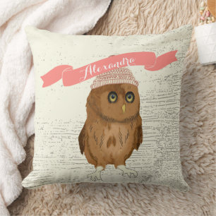 Personalised Watercolor Owl Apricot Banner Cushion