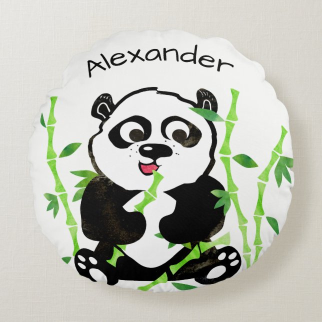 Personalised Watercolor Panda Bear Animal Kids Round Cushion (Front)
