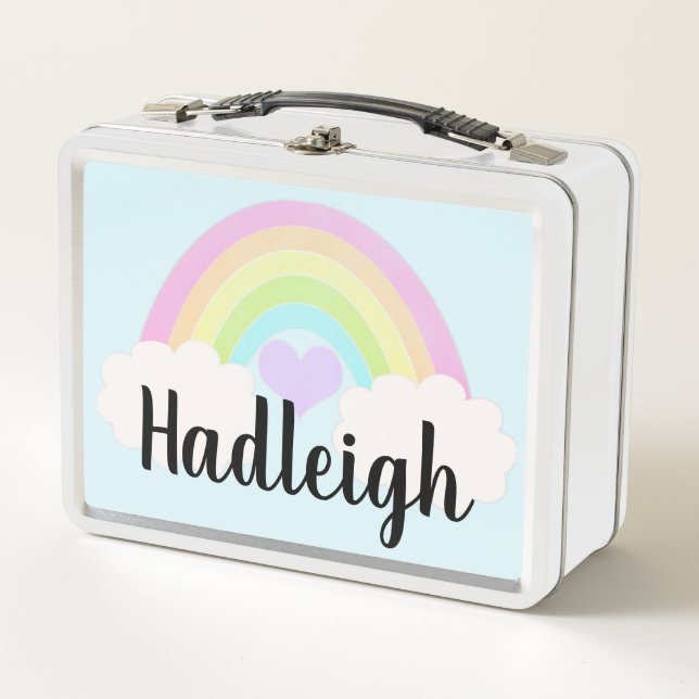 Personalised Watercolor Pastel Rainbow Gingham Metal Lunch Box (Front)