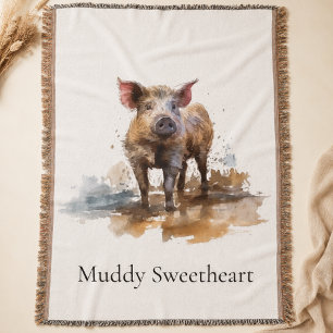 Personalised Watercolor Pig Rustic Farmhouse Style Throw Blanket