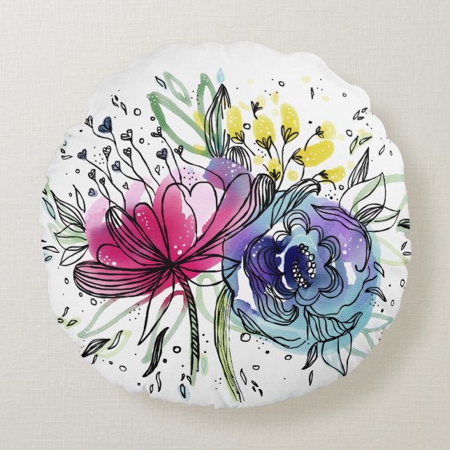 Personalised Watercolor Pink & Blue Flowers Design Round Cushion (Front)