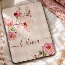 Personalised Watercolor Pink Floral beige gingham