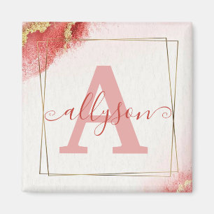 Personalised watercolor pink glitter magnet