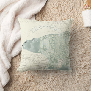 Personalised Watercolor Polar Bear Grey Banner Cushion
