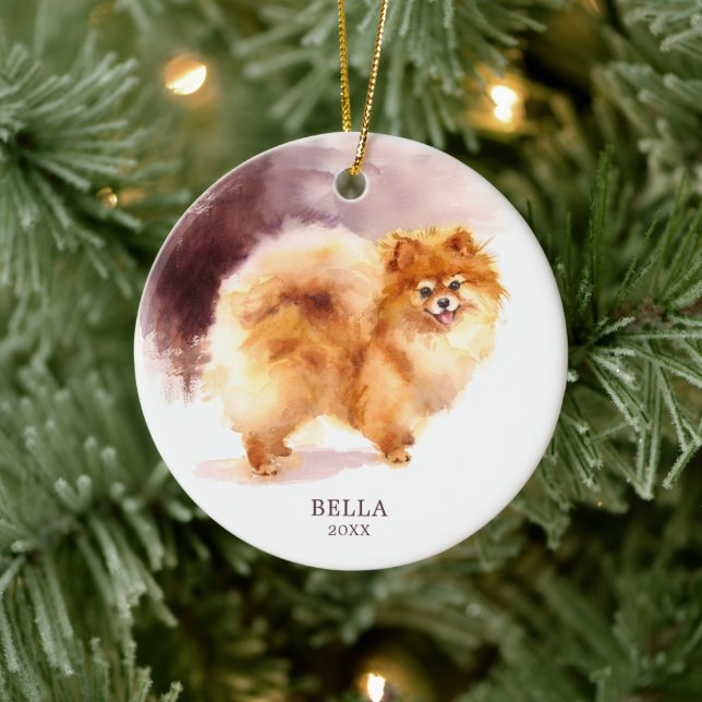 Personalised Watercolor Pomeranian Dog Christmas Ceramic Ornament (Tree)