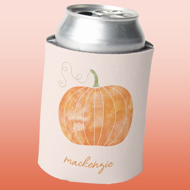 Personalised Watercolor Pumpkin Autumn Fall Can Cooler (Fun watercolor pumpkin personalized custom script name autumn fall can cooler)