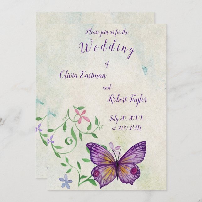 Personalised watercolor purple butterfly invitation (Front/Back)