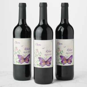 Personalised watercolor purple butterfly wine label
