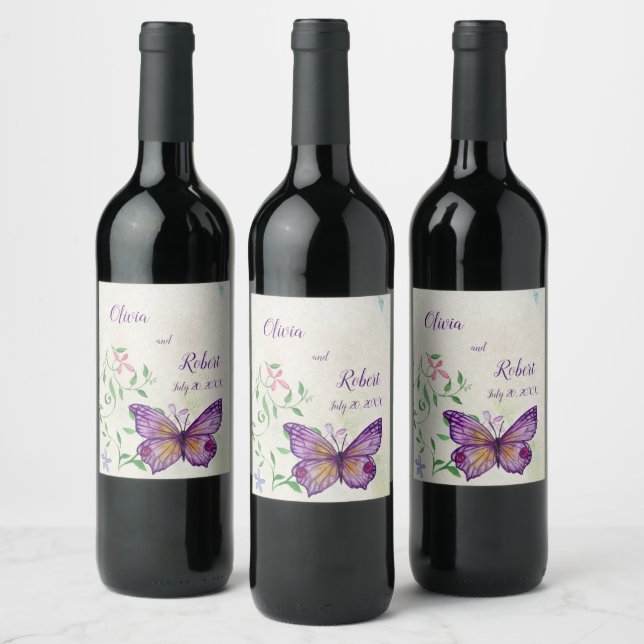 Personalised watercolor purple butterfly wine label (Bottles)