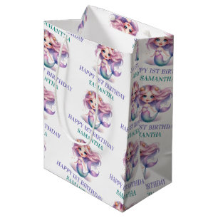 Personalised watercolor purple teal mermaid medium gift bag