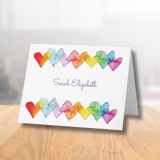 Personalised Watercolor Rainbow Hearts Cute Boho Note Card (These personalized hand-illustrated hearts note cards make a beautiful gift for her.)