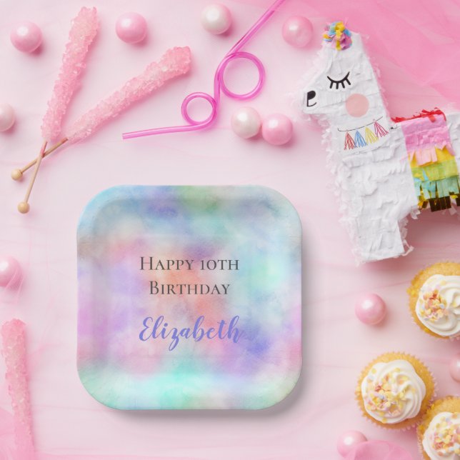 Personalised Watercolor Rainbow Pastel Birthday Paper Plate (Party)