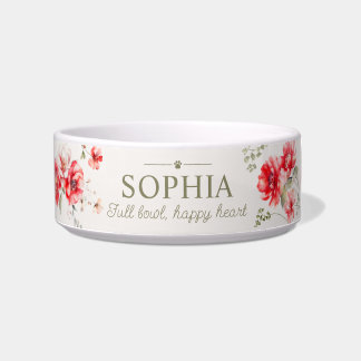 Personalised Watercolor Red Floral Pet Name Bowl
