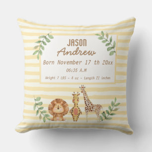 Personalised watercolor safari baby birth stats cushion