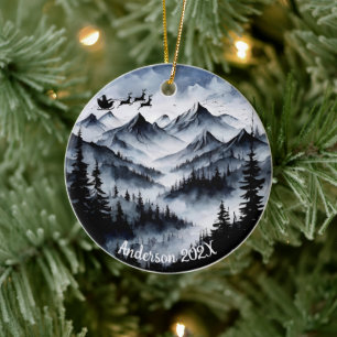 Personalised Watercolor Santa over Mountains Ceramic Ornament