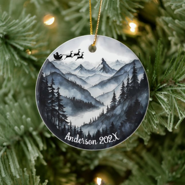 Personalised Watercolor Santa over Mountains Ceramic Ornament (Tree)