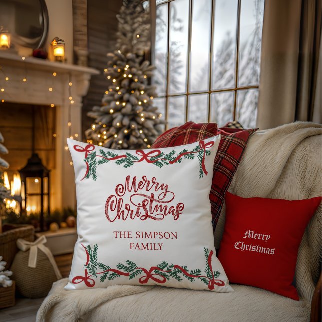 Personalised Watercolor Script Christmas Greenery Cushion (Creator Uploaded)
