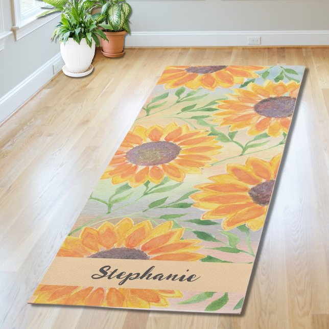  Personalised Watercolor Sunflower Leaves Yoga Mat (Creator Uploaded)