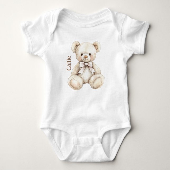 Personalised Watercolor Teddy Bear Baby Bodysuit (Front)