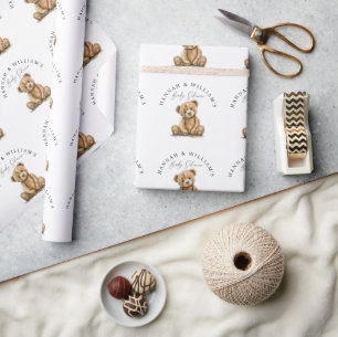 Personalised Watercolor Teddy Bear Baby Shower Wrapping Paper