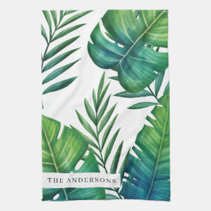 Personalised Watercolor Tropical Leaves Tea Towel