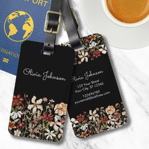 Personalised Watercolor Vintage Wildflower Black Luggage Tag