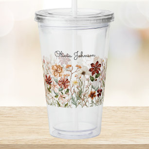 Personalised Watercolor Vintage Wildflower Floral Acrylic Tumbler