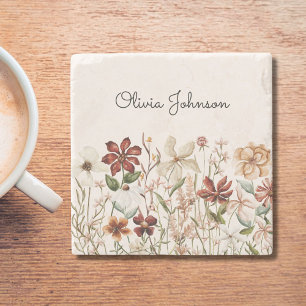 Personalised Watercolor Vintage Wildflower Floral Stone Coaster