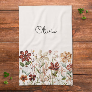 Personalised Watercolor Vintage Wildflower Floral Tea Towel