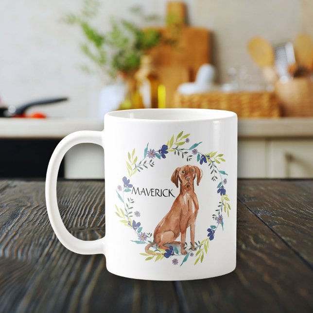 Personalised Watercolor Vizsla  Spring Wreath Coffee Mug (Hungarian Viszla dog portrait inside frame of watercolor wreath.)