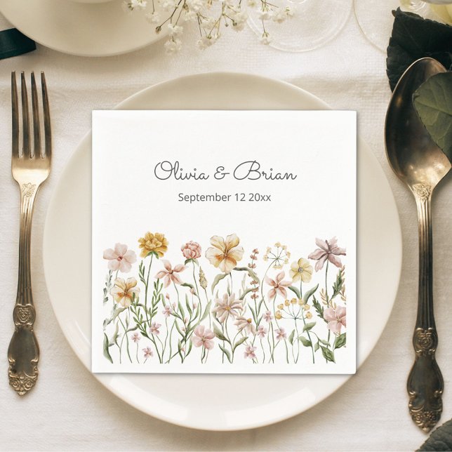 Personalised Watercolor Wildflower Meadow Floral Napkin (In situ)