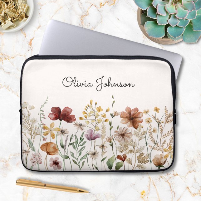 Personalised Watercolor Wildflower Pretty Floral Laptop Sleeve (In situ)