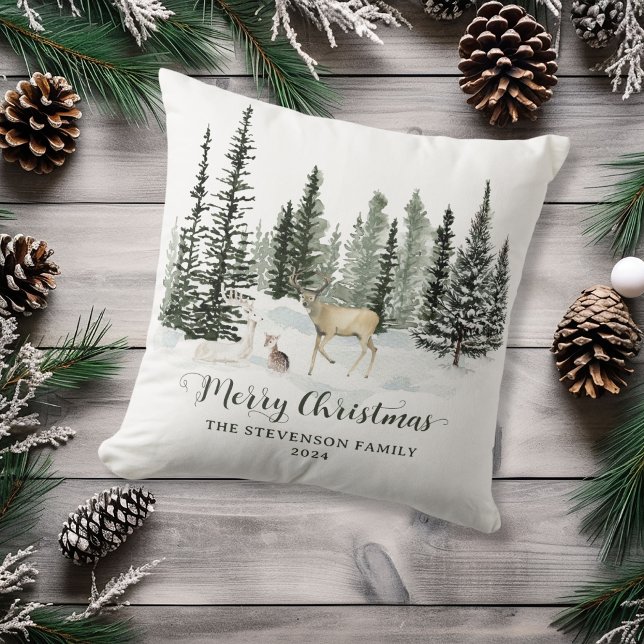 Personalised Watercolor Woodland Merry Christmas Cushion (Personalized Watercolor Woodland Merry Christmas Throw Pillow)
