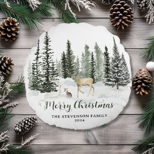 Personalised Watercolor Woodland Merry Christmas Round Cushion