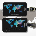 Personalised Watercolor World Map Black Teal Blue Luggage Tag<br><div class="desc">A pretty,  personalised luggage tag featuring a watercolour world map in teal blues,  pinks and purple. The design is on both sides of the luggage tag with a black background and you can easily customise with your name and contact details.</div>