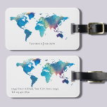 Personalised Watercolor World Map Luggage Tag<br><div class="desc">A pretty,  personalised luggage tag featuring a watercolour world map in teal blues,  pinks and purple. The design is on both sides of the luggage tag and you can easily customise with your name and contact details.</div>