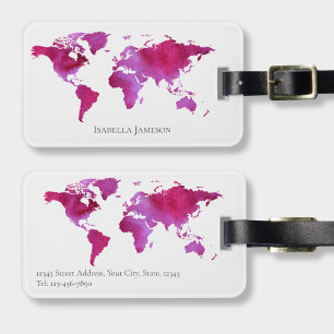 Personalised Watercolor World Map Pink White Luggage Tag