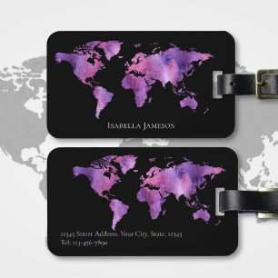 Personalised Watercolor World Map Purple and Black Luggage Tag